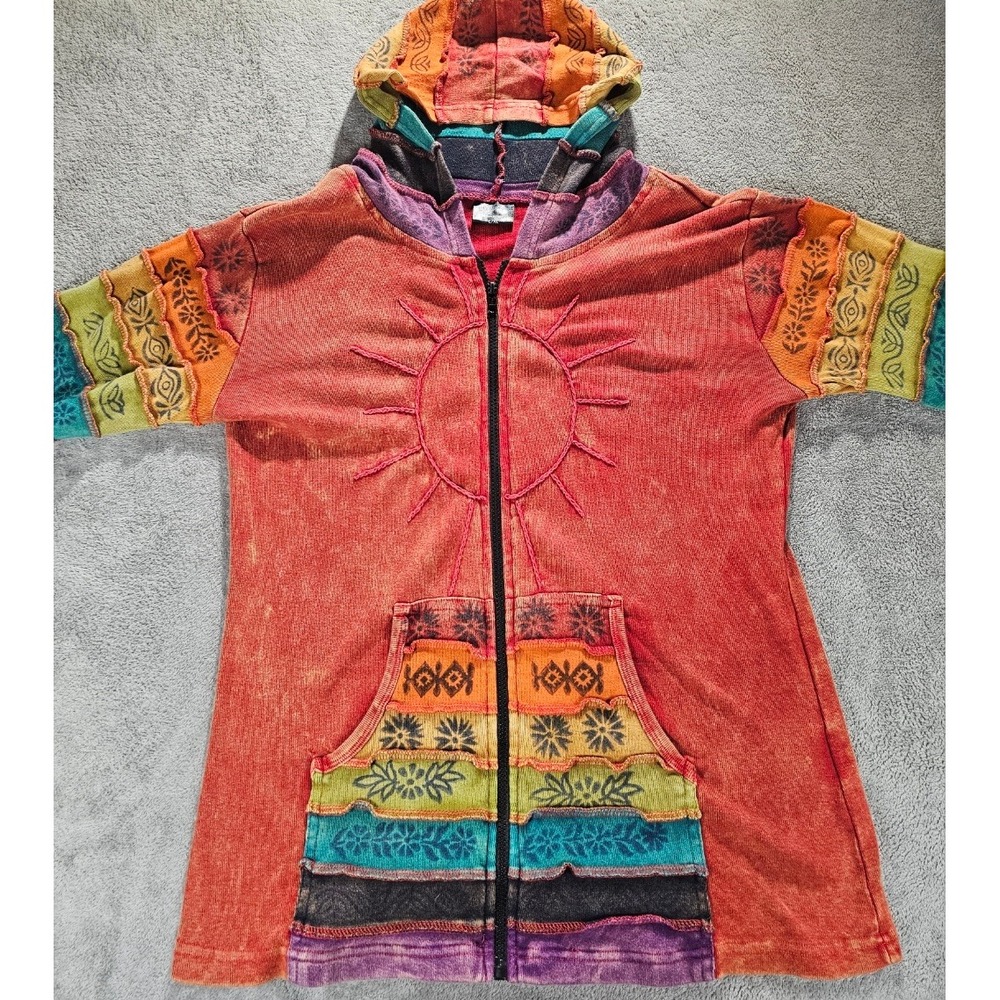 GreaterGood Boho Patchwork Zip Up Hoodie Sun Embroidery Nepal Jacket  hippie y2k